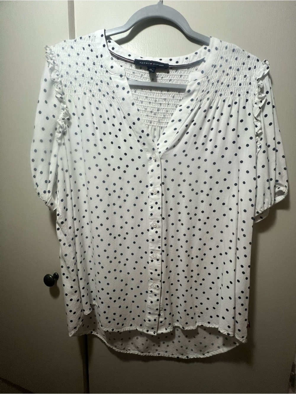 NWOT: Tommy Hilfiger White Blouse with Navy Polka Dots & Smocked Yoke.